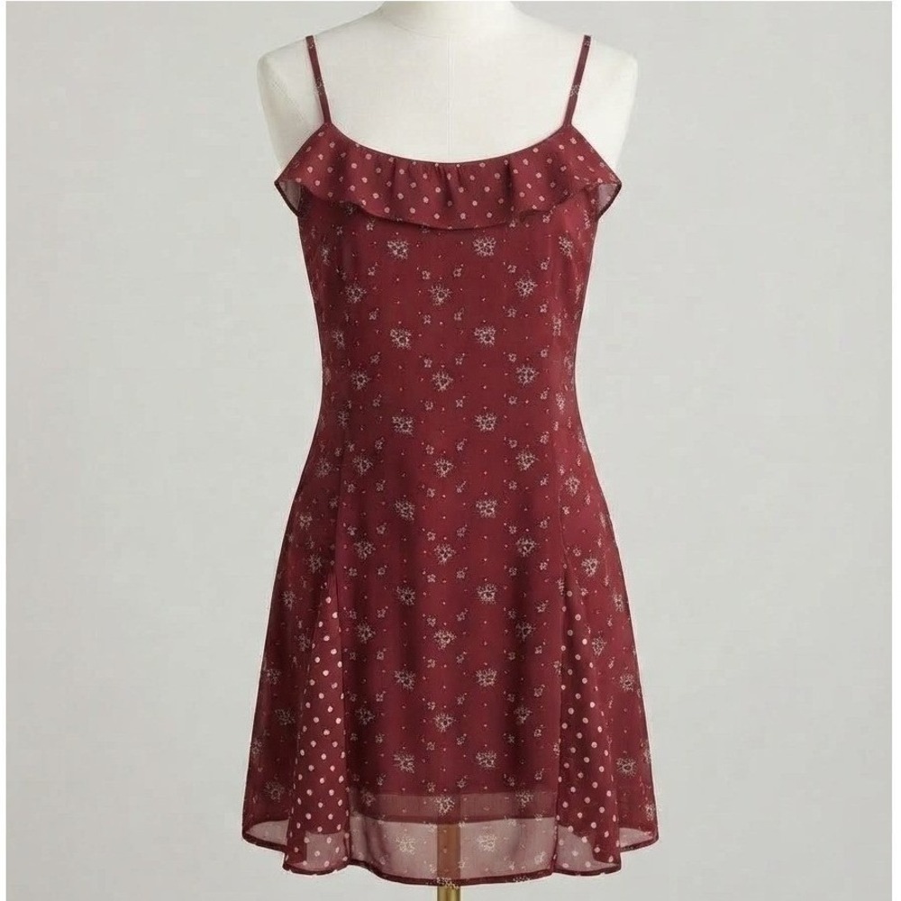 No Boundaries Coquette-Grunge Burgundy Ditzy Floral Ruffle Mini Dress L NWT